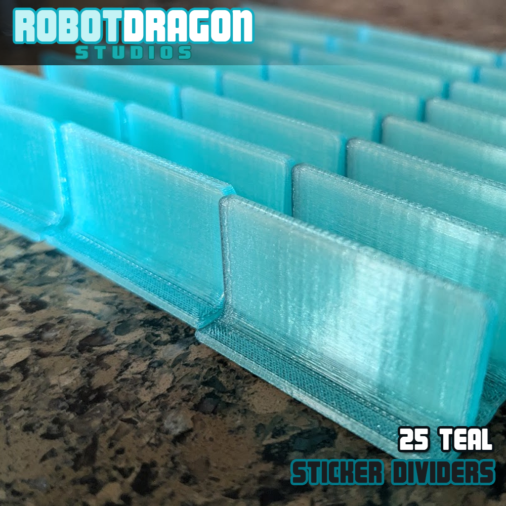 Close up photo of a row of 3D printed teal translucent PETG sticker dividers designed and created by Robot Dragon Studios for artist alley.